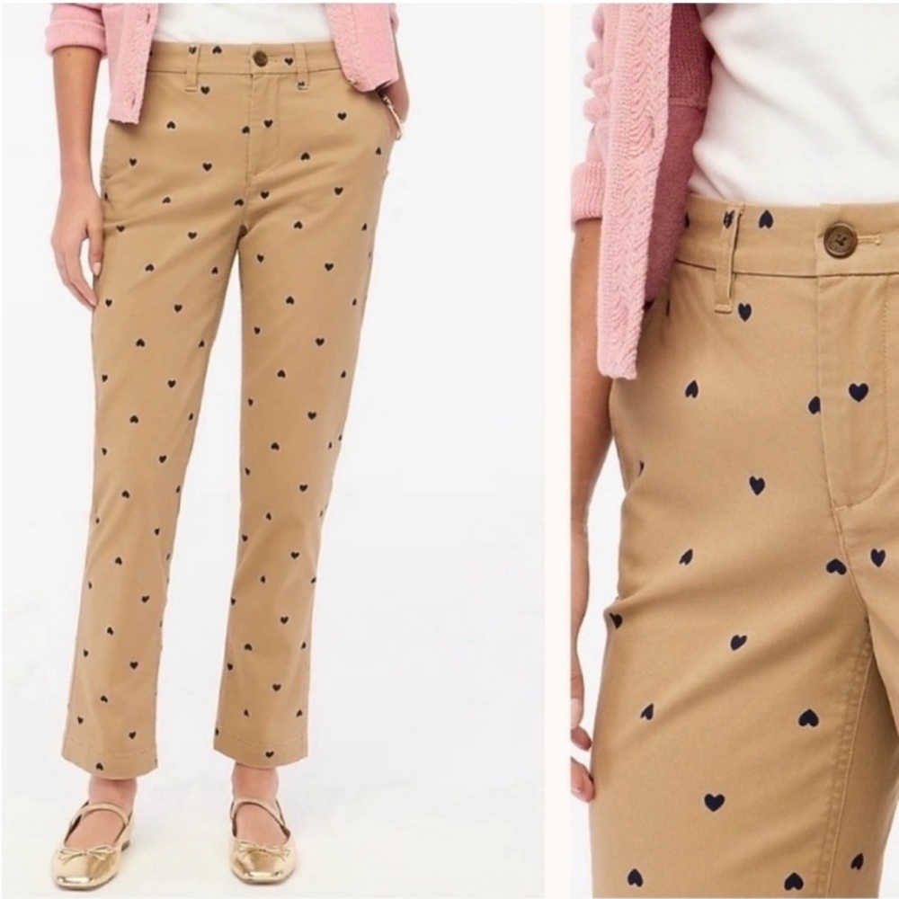 J. Crew Tan Straight Leg Pants with Navy Heart Print